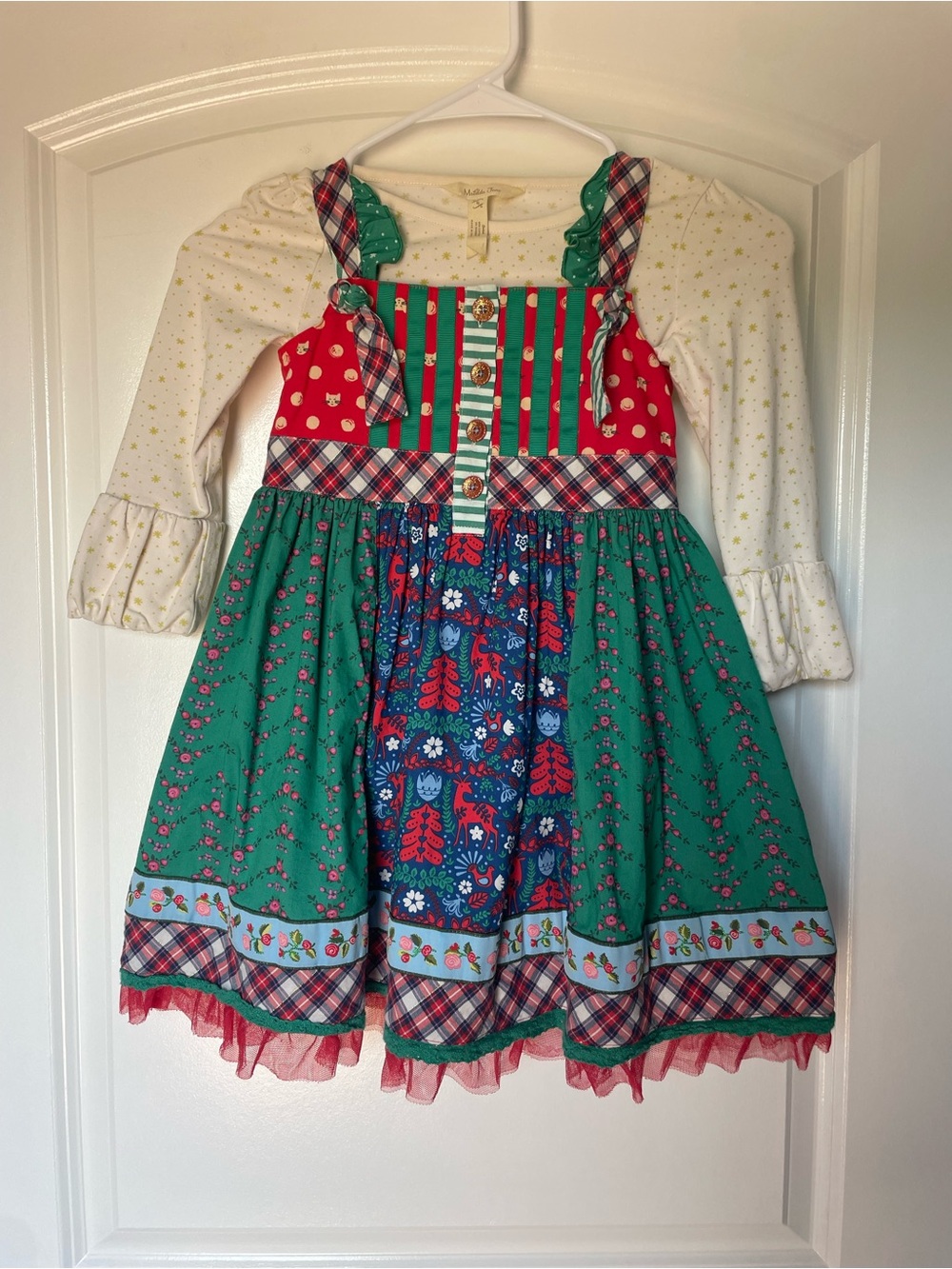 Matilda Jane Green Red Blue Patterned Layered Pinafore Dress